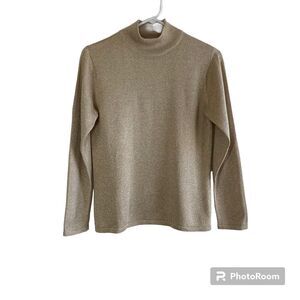 Talbots Petites Womens Pullover Sweater S Silk Blend Gold Metallic Mock Neck
